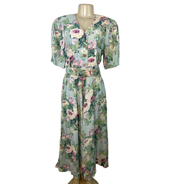Vintage E.D. Michaels Floral Midi Dress Light Blue Green Short Sleeve Size 5/6