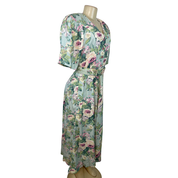 Vintage E.D. Michaels Floral Midi Dress Light Blue Green Short Sleeve Size 5/6