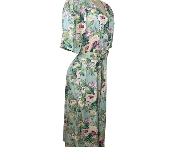 Vintage E.D. Michaels Floral Midi Dress Light Blue Green Short Sleeve Size 5/6
