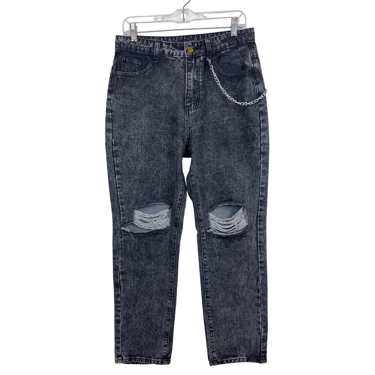 Acid Wash Mens Black Denim Distressed Relaxed Fit Jeans With Chain Size 34