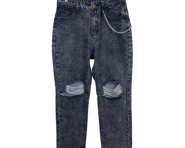 Acid Wash Mens Black Denim Distressed Relaxed Fit Jeans With Chain Size 34