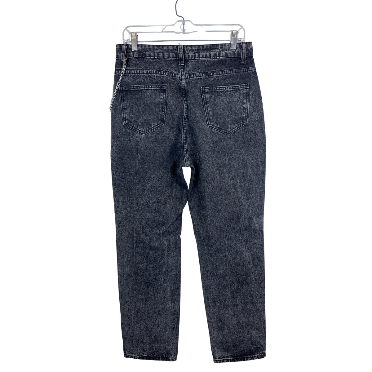 Acid Wash Mens Black Denim Distressed Relaxed Fit Jeans With Chain Size 34