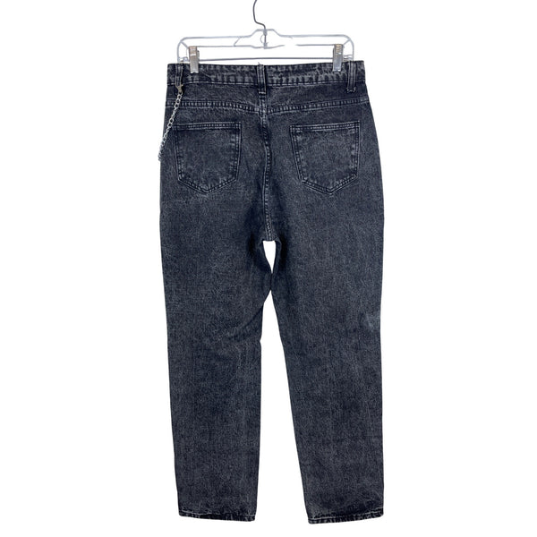 Acid Wash Mens Black Denim Distressed Relaxed Fit Jeans With Chain Size 34