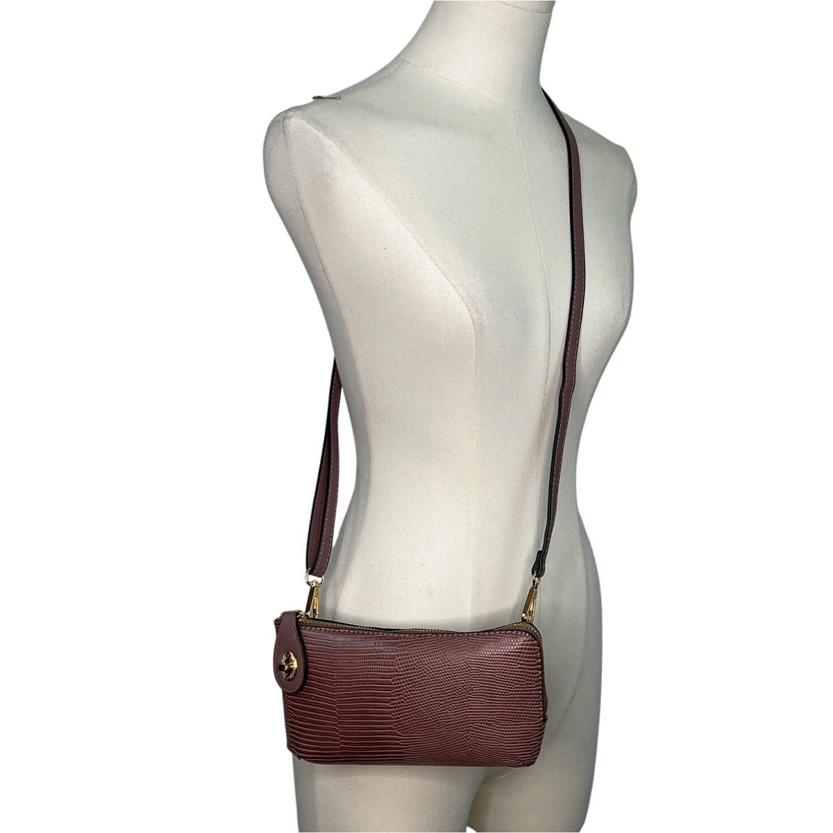 Jen & Co. Mauve Lizard Embossed Faux Leather Wristlet & Crossbody Bag Sz S