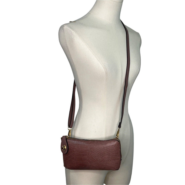Jen & Co. Mauve Lizard Embossed Faux Leather Wristlet & Crossbody Bag Sz S