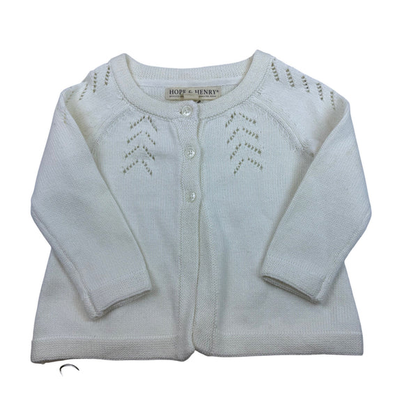 Hope & Henry Girls White Cotton Sweater Knit Cardigan Chevron Pattern Sz 12-18M