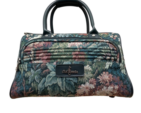 Atlantic Women’s Green Floral Tapestry Zippered Duffel Bag with Leather Handles