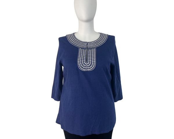 Carole Little Women’s Blue 3/4 Sleeve Top Embroidered Neckline Split Hem Size 1X