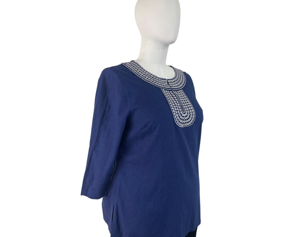 Carole Little Women’s Blue 3/4 Sleeve Top Embroidered Neckline Split Hem Size 1X