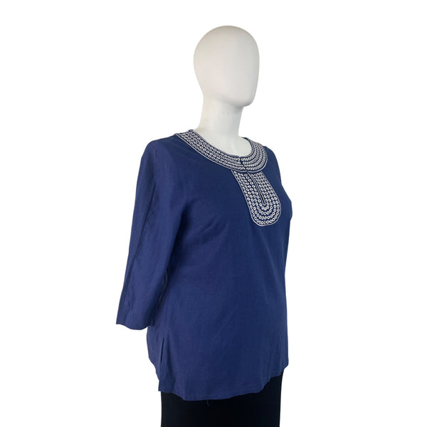 Carole Little Women’s Blue 3/4 Sleeve Top Embroidered Neckline Split Hem Sz 1X