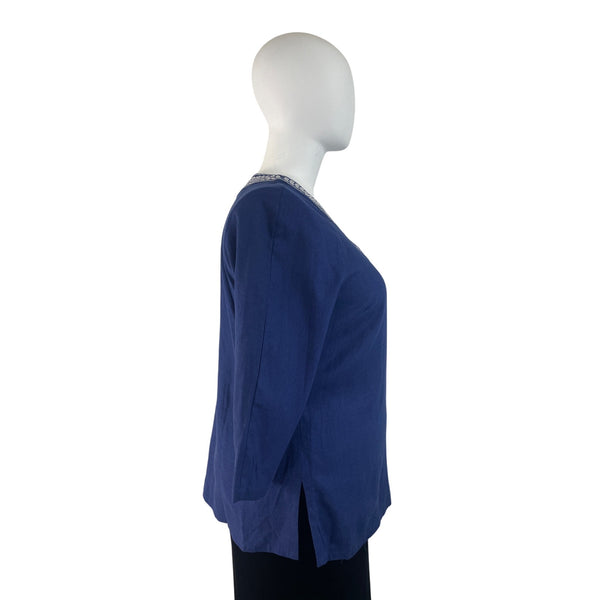 Carole Little Women’s Blue 3/4 Sleeve Top Embroidered Neckline Split Hem Sz 1X