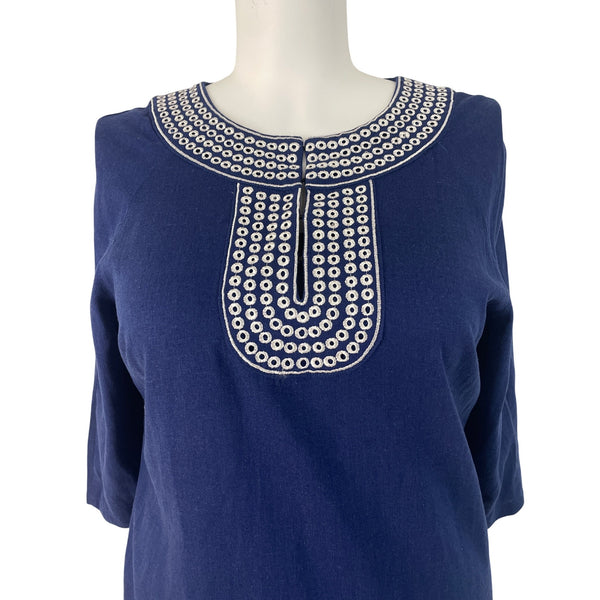 Carole Little Women’s Blue 3/4 Sleeve Top Embroidered Neckline Split Hem Sz 1X