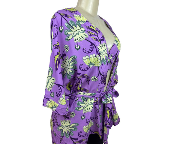 Hit Women's Purple Floral Robe Cover-Up & Matching Crop Top Tropical Set Sz PP