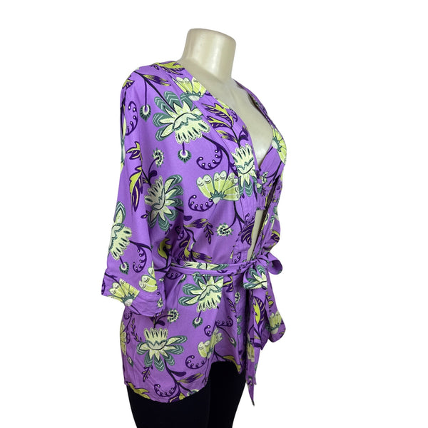 Hit Women's Purple Floral Robe Cover-Up & Matching Crop Top Tropical Set Sz PP