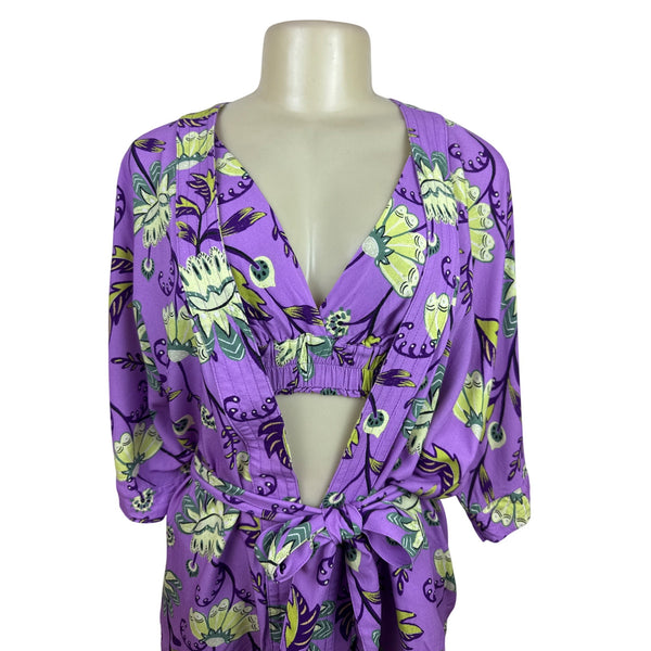 Hit Women's Purple Floral Robe Cover-Up & Matching Crop Top Tropical Set Sz PP