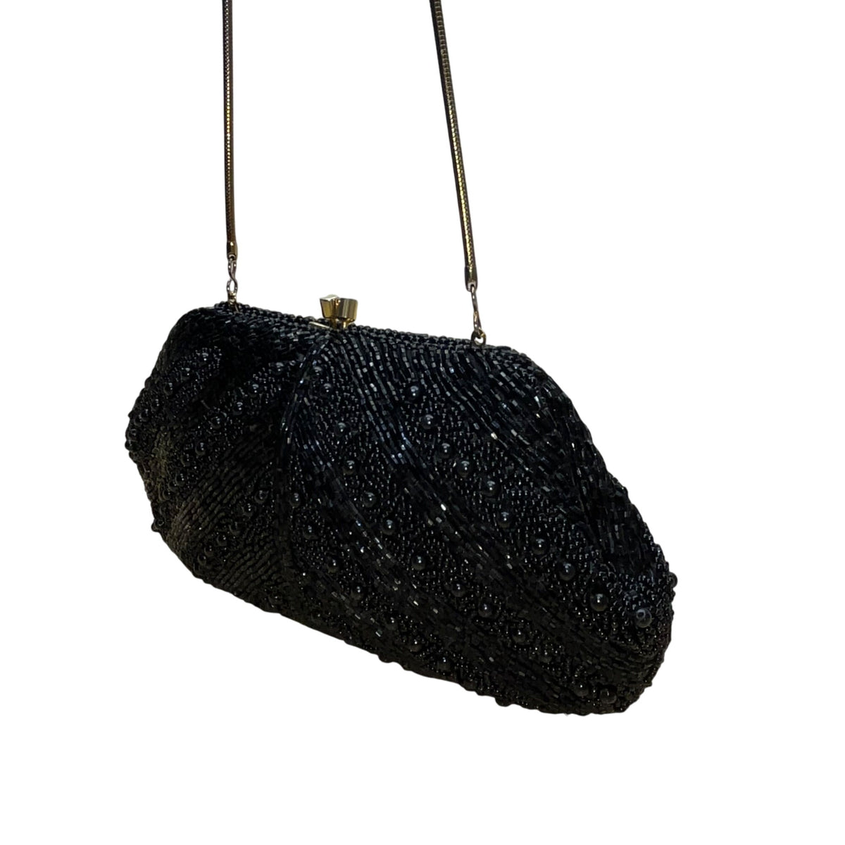 Vintage Beaded Black Satin Lining Gold Frame & Shoulder Chain Evening Purse