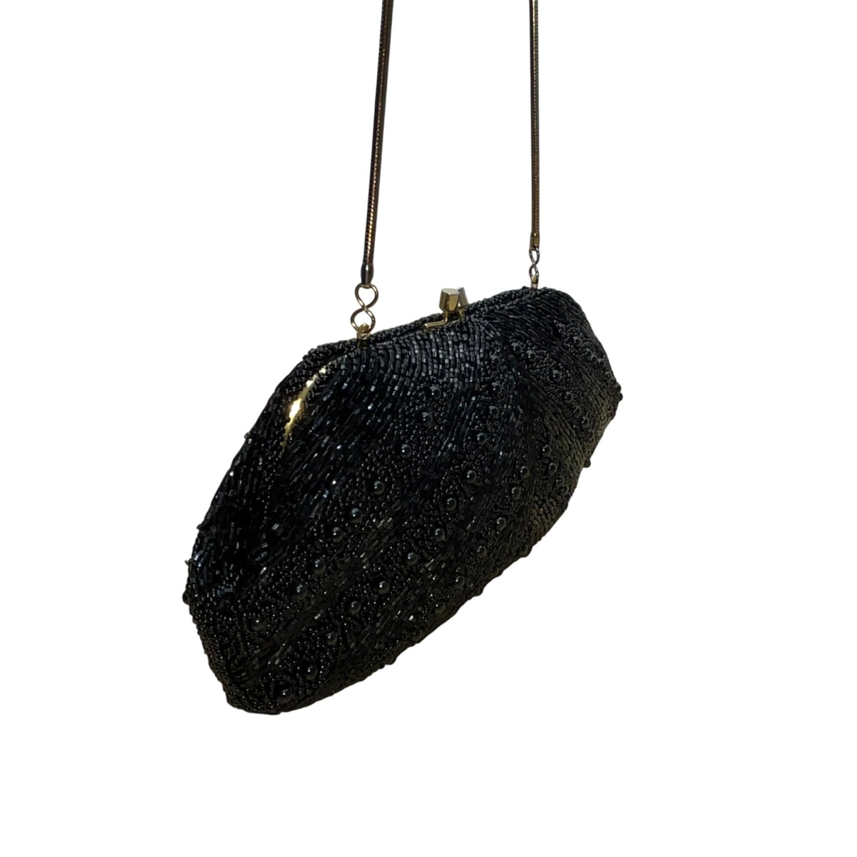 Vintage Beaded Black Satin Lining Gold Frame & Shoulder Chain Evening Purse
