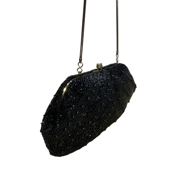 Vintage Beaded Black Satin Lining Gold Frame & Shoulder Chain Evening Purse