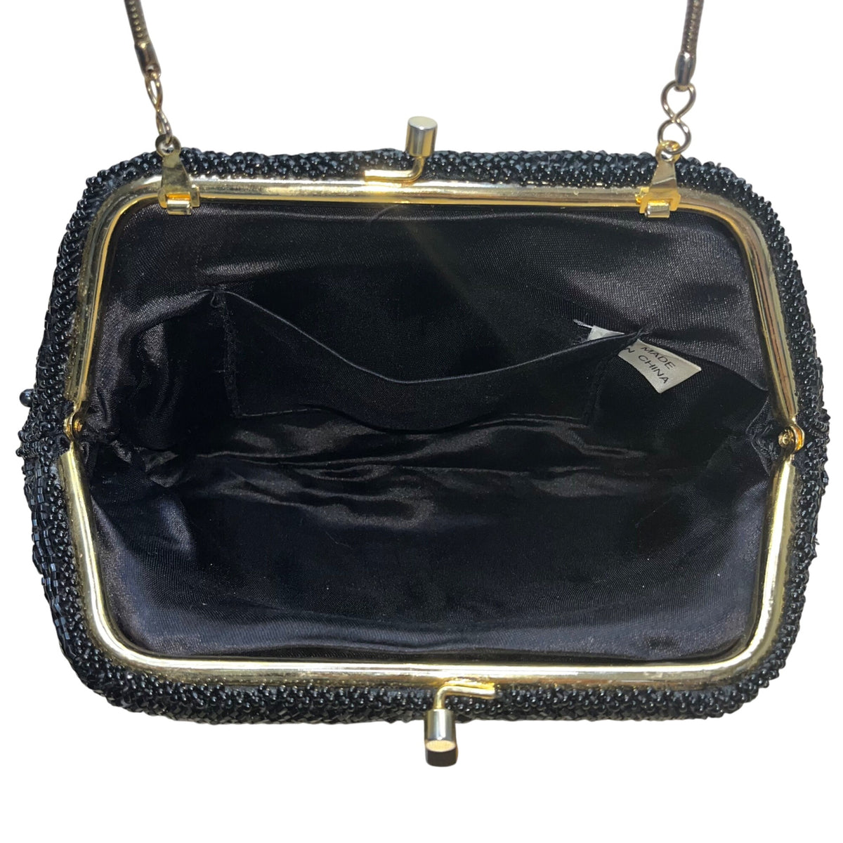 Vintage Beaded Black Satin Lining Gold Frame & Shoulder Chain Evening Purse