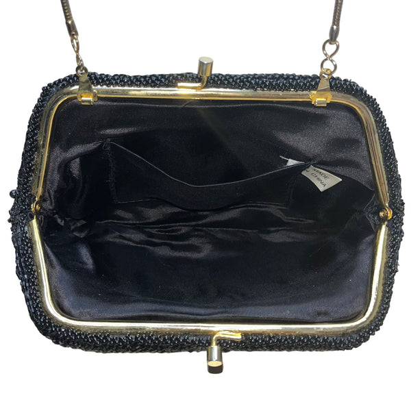 Vintage Beaded Black Satin Lining Gold Frame & Shoulder Chain Evening Purse