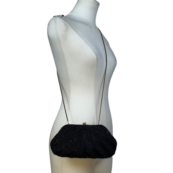 Vintage Beaded Black Satin Lining Gold Frame & Shoulder Chain Evening Purse