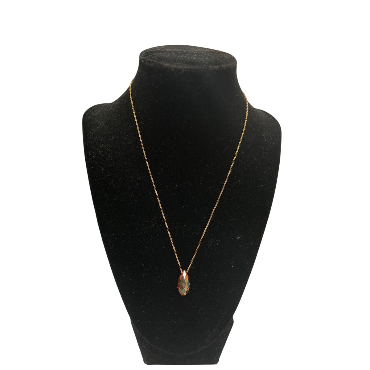 Gold Tone Womens Chain Necklace With Teardrop Faceted Iridescent Crystal Pendant