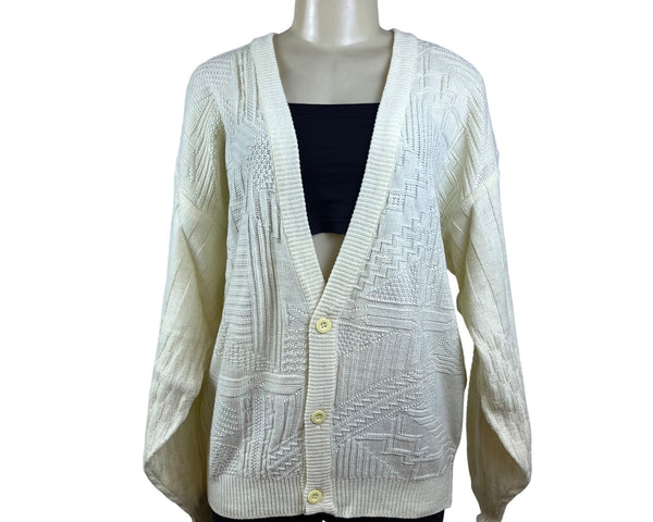 Permit Womens White Knit Cardigan Sweater Long Sleeve Geometric Textured Sz L