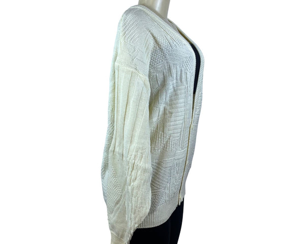Permit Womens White Knit Cardigan Sweater Long Sleeve Geometric Textured Sz L