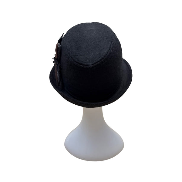 Black Cloche Hat With Brown Floral Accent & Bead Details - One Size