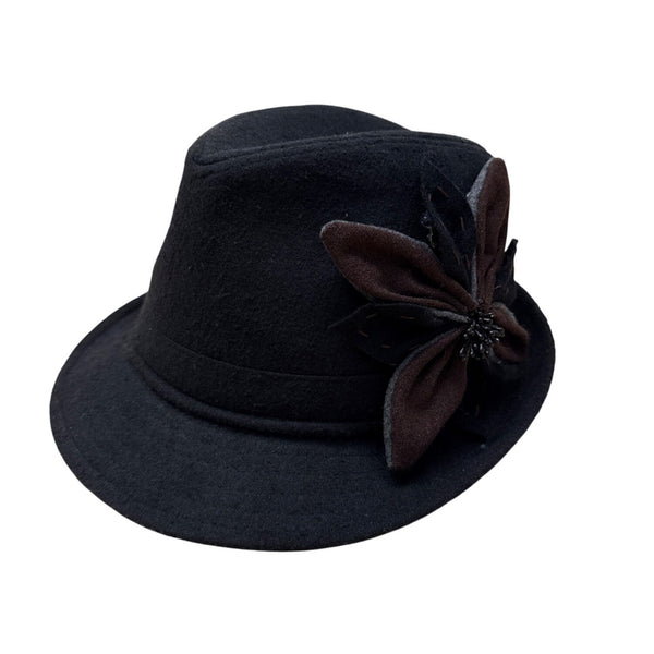 Black Cloche Hat With Brown Floral Accent & Bead Details - One Size