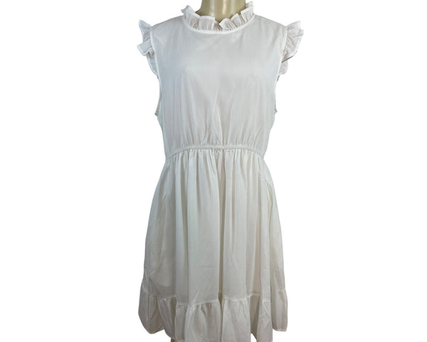 Honega Women’s White Ruffled Sleeveless Mini Dress With Elastic Waist Sz L - New