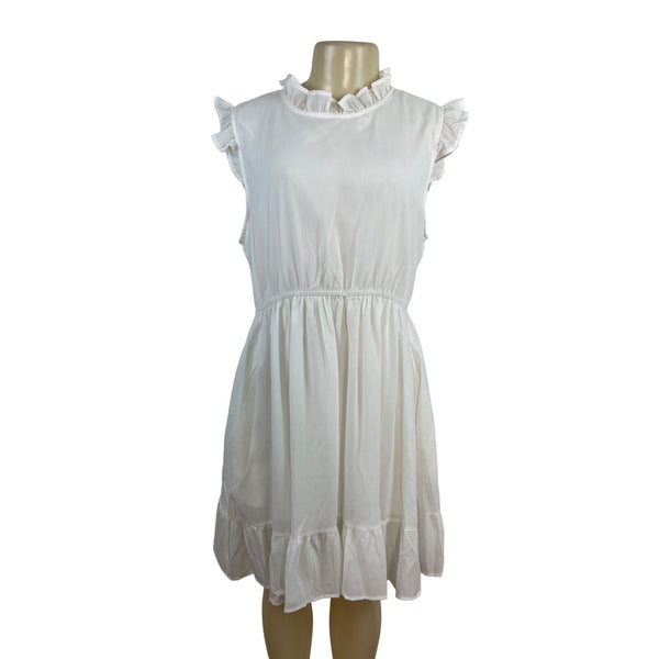Honega Women’s White Ruffled Sleeveless Mini Dress With Elastic Waist Sz L - New