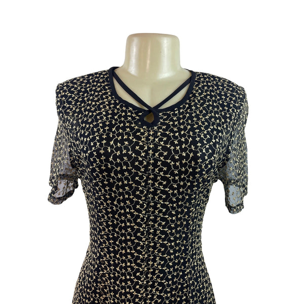 Vintage-Inspired Black & Beige Floral Midi Dress With Sheer Sleeves & Tie-Back
