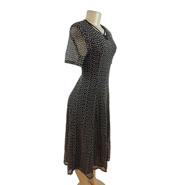 Vintage-Inspired Black & Beige Floral Midi Dress With Sheer Sleeves & Tie-Back