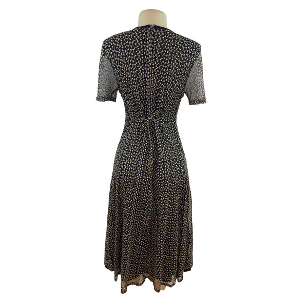 Vintage-Inspired Black & Beige Floral Midi Dress With Sheer Sleeves & Tie-Back