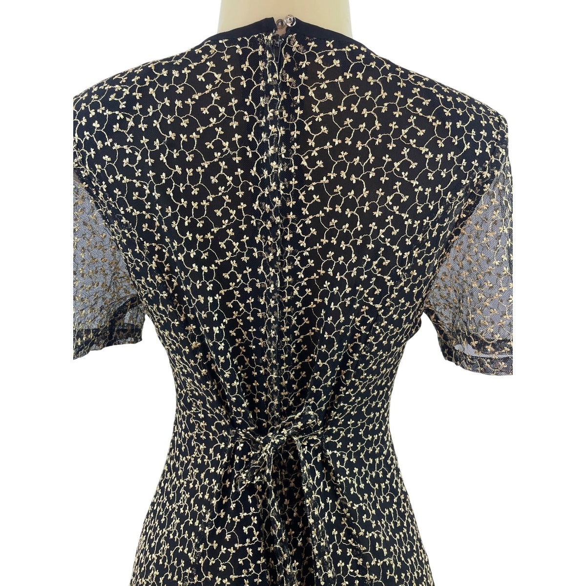 Vintage-Inspired Black & Beige Floral Midi Dress With Sheer Sleeves & Tie-Back