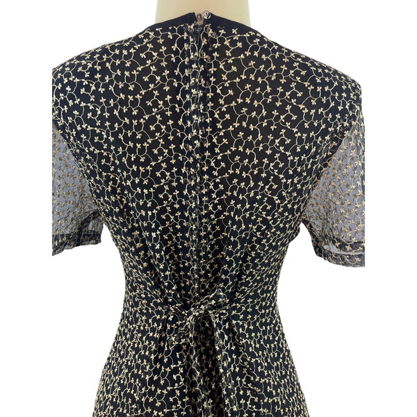 Vintage-Inspired Black & Beige Floral Midi Dress With Sheer Sleeves & Tie-Back