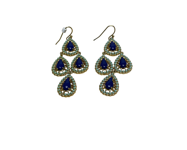 Gold & Blue Womens Statement Dangle Earrings Teardrop Shape With Hook Closure