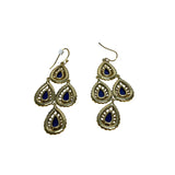 Gold & Blue Womens Statement Dangle Earrings Teardrop Shape With Hook Closure