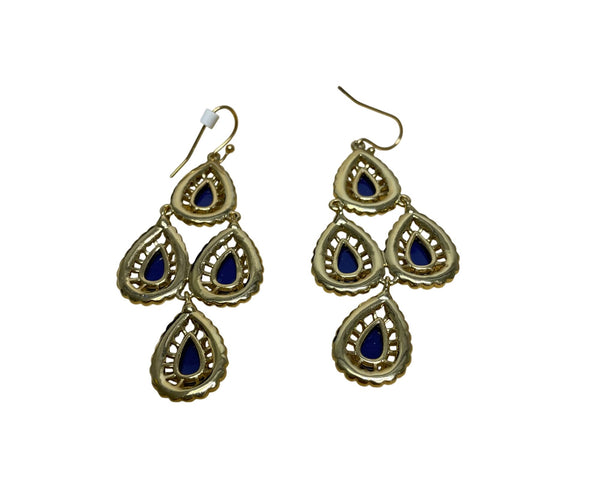 Gold & Blue Womens Statement Dangle Earrings Teardrop Shape With Hook Closure
