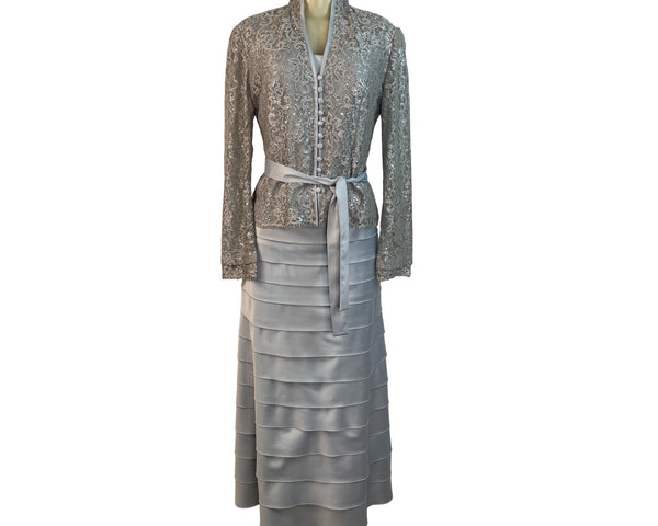 JS Collections Womens Silver Lace Jacket & Tiered Satin Skirt Formal Set Sz 2