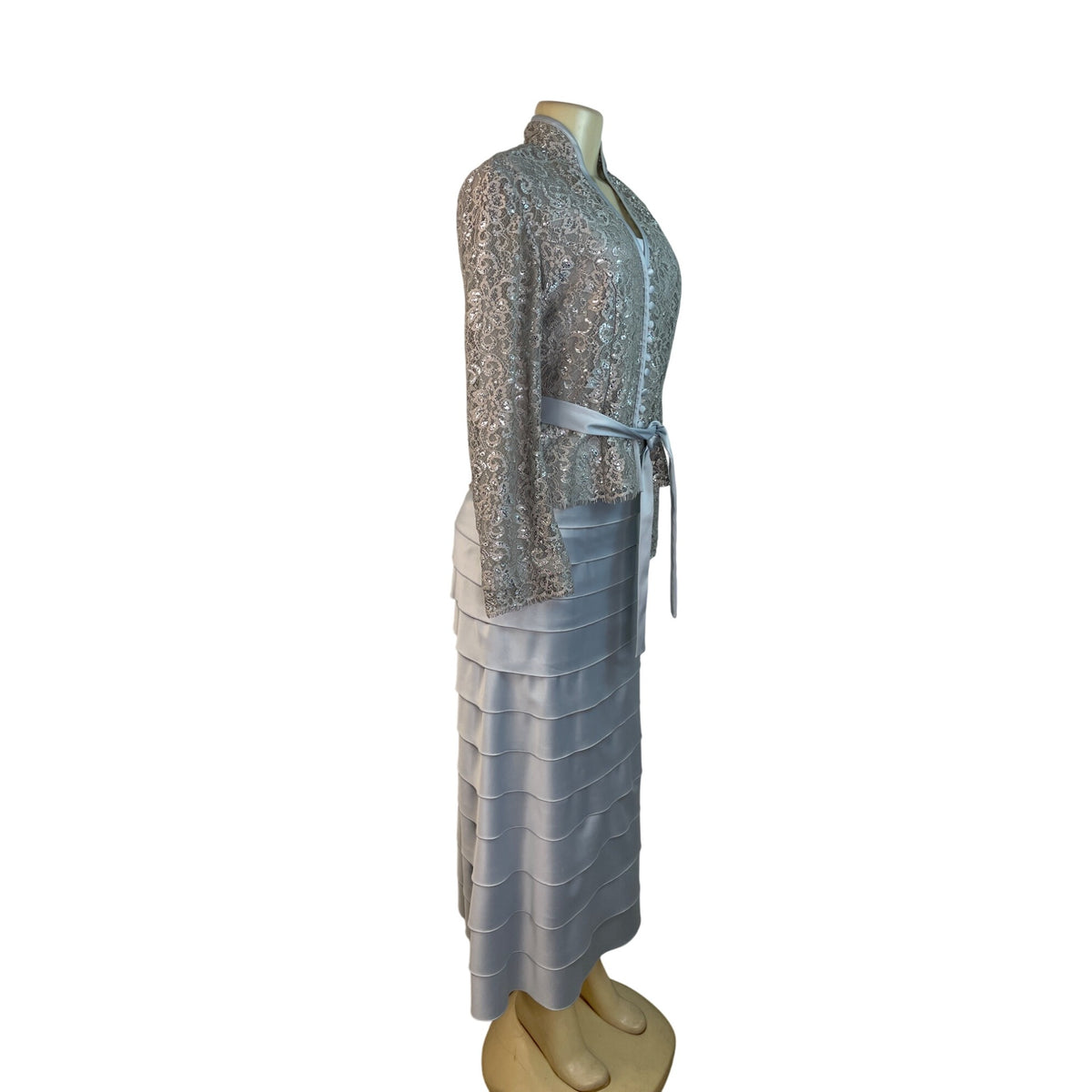 JS Collections Womens Silver Lace Jacket & Tiered Satin Skirt Formal Set Sz 2