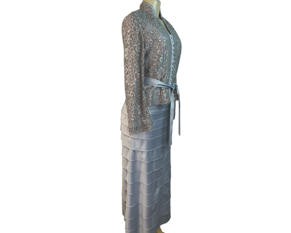 JS Collections Womens Silver Lace Jacket & Tiered Satin Skirt Formal Set Sz 2