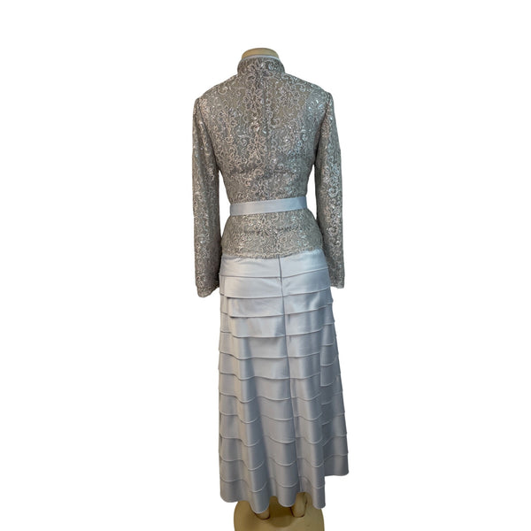 JS Collections Womens Silver Lace Jacket & Tiered Satin Skirt Formal Set Sz 2
