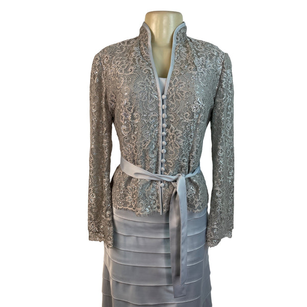 JS Collections Womens Silver Lace Jacket & Tiered Satin Skirt Formal Set Sz 2