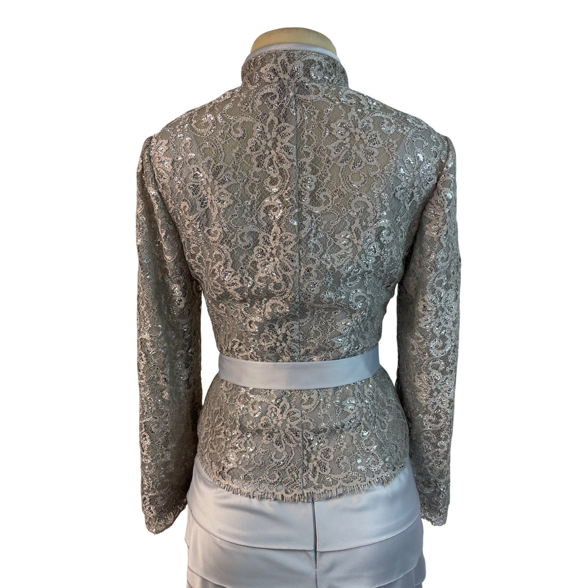 JS Collections Womens Silver Lace Jacket & Tiered Satin Skirt Formal Set Sz 2