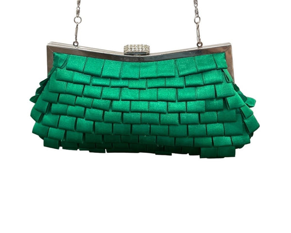 Lulu Townsend Women's Green Folded Ribbon Rhinestone Clasp Evening Clutch Sz M