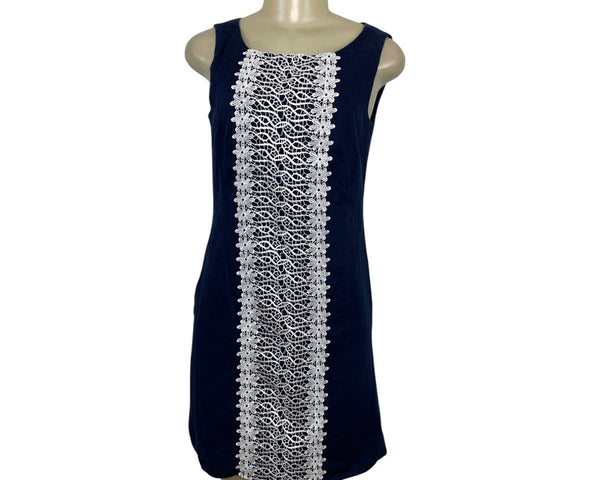 Carole Little Navy Sleeveless Linen Dress With White Lace Front Panel Size 4