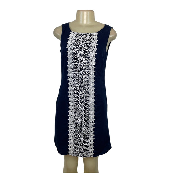 Carole Little Navy Sleeveless Linen Dress With White Lace Front Panel Size 4