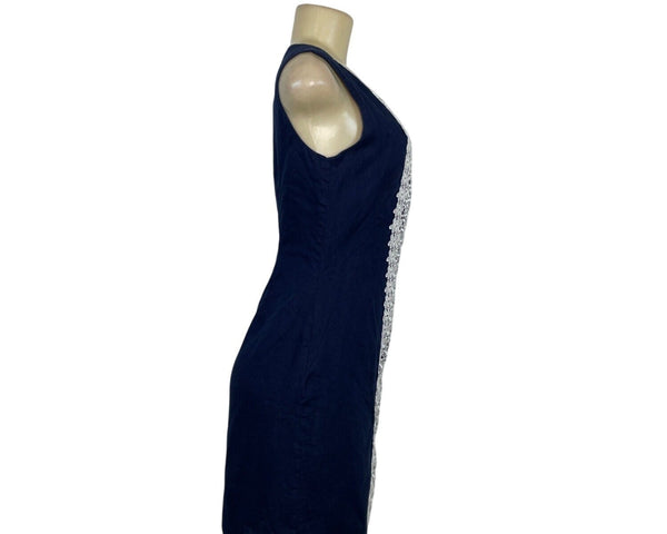 Carole Little Navy Sleeveless Linen Dress With White Lace Front Panel Size 4